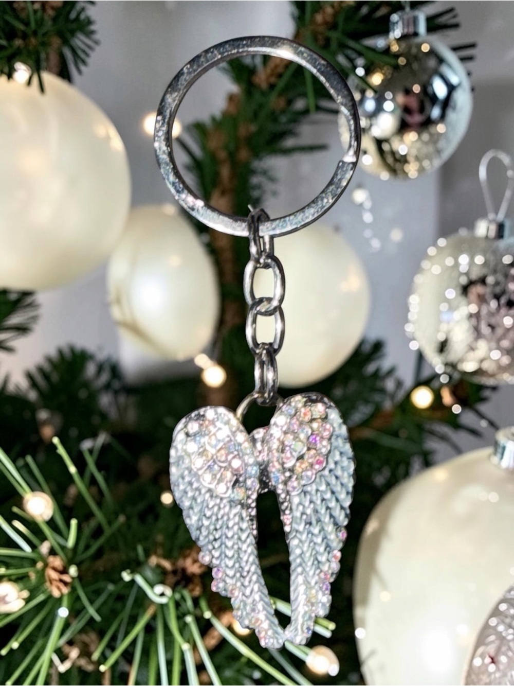 Silver Rhinestone Angel Wings Keychain Bag Charm